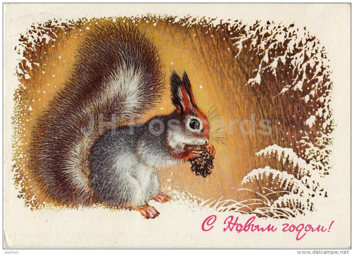 New Year greeting card by A. Isakov - squirrel - postal stationery - 1977 - Russia USSR - used - JH Postcards