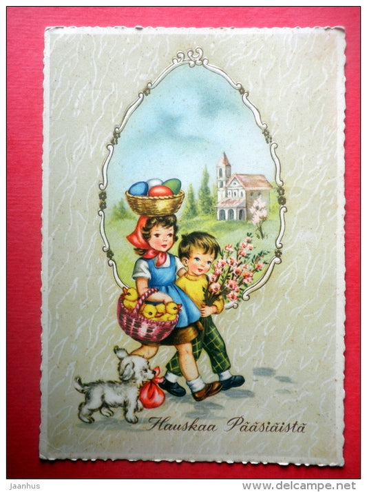 Easter Greeting Card - boy - girl - dog - eggs - chick - 2073/6 - Finland - circulated in Finland 1979 - JH Postcards