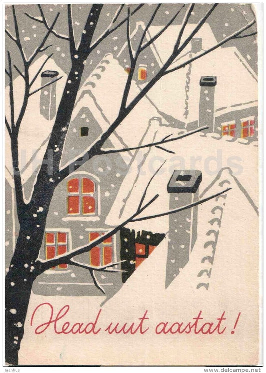 New Year greeting Card by S. Väljal - city houses - 1959 - Estonia USSR - used - JH Postcards