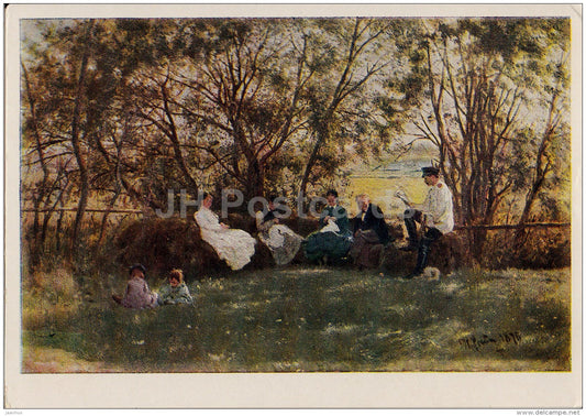 painting by I. Repin - On the turf bench , 1879 - Russian art - 1957 - Russia USSR - unused - JH Postcards