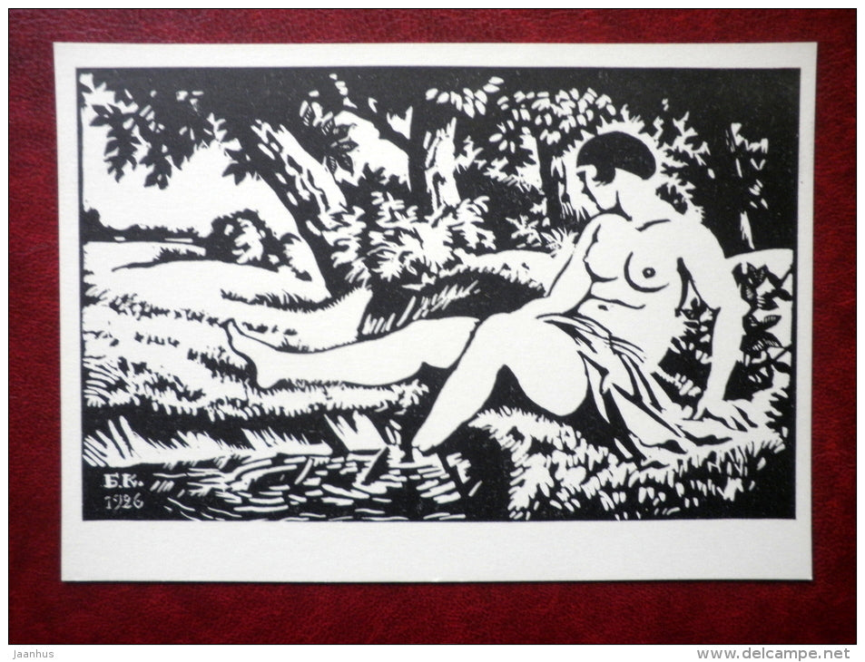 engraving by M. Kustodiev - Bather , 1926 - nude woman - russian art - unused - JH Postcards