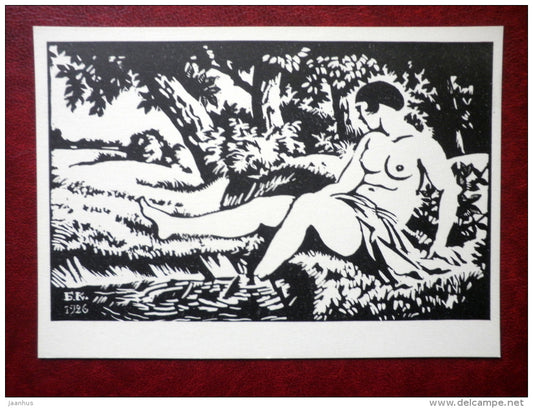 engraving by M. Kustodiev - Bather , 1926 - nude woman - russian art - unused - JH Postcards