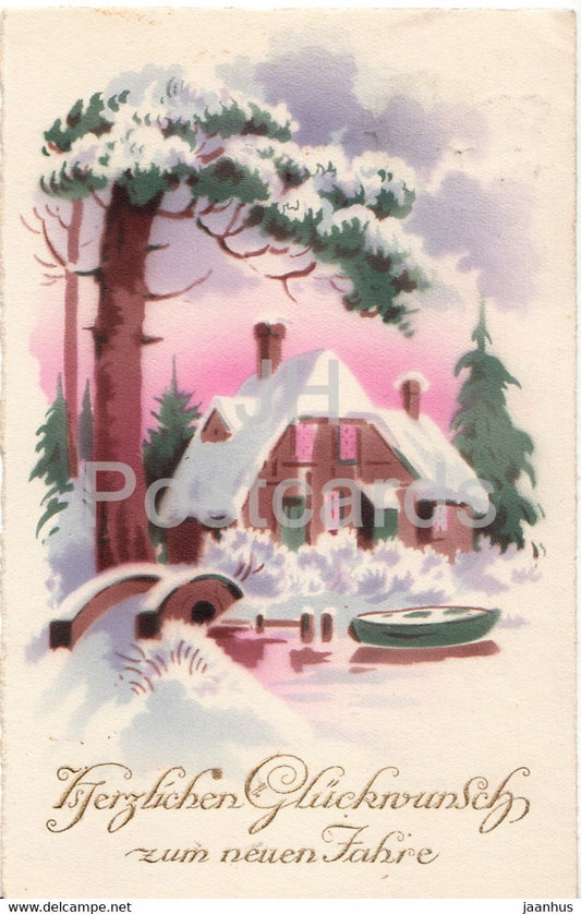 New Year Greeting Card - Herzlichen Gluckwunsch zum Neuen Jahre - winter house - BR old postcard - 1925 - Germany - used - JH Postcards