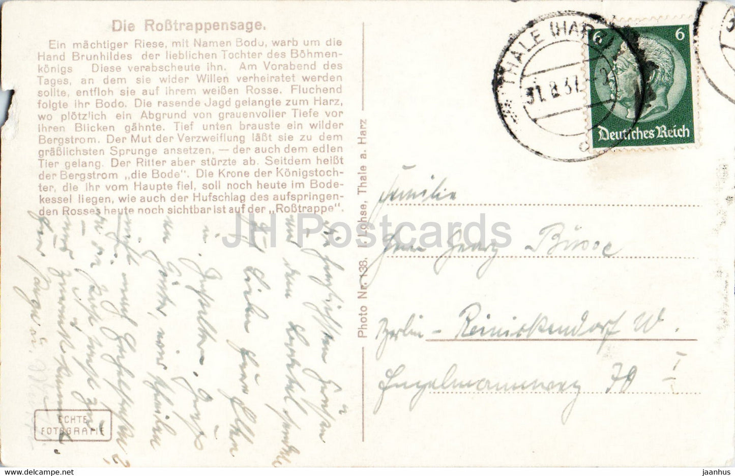 Die Rosstrappensage - Bodetal i Harz - alte Postkarte - 1929 - Deutschland - gebraucht