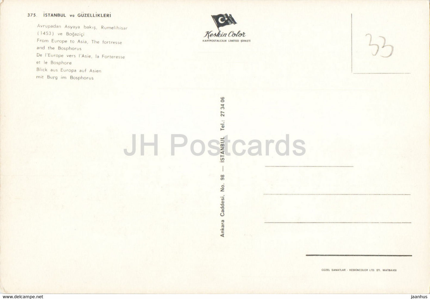 Istanbul - From Europe to Asia - The Fortress and the Bosphorus - 375 - Keskin - Turkey - unused
