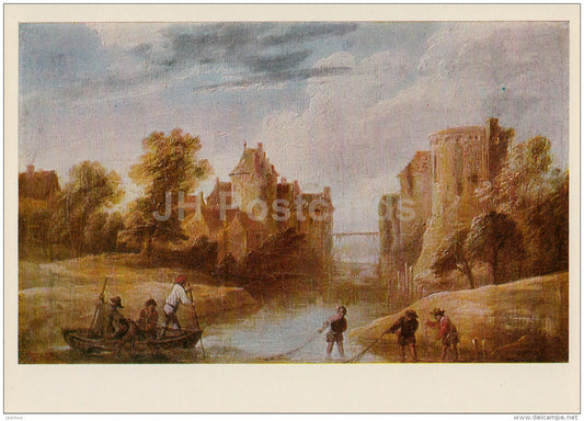 painting by David Teniers the Younger - Landscape with two towers - fishing - Flemish art - 1977 - Russia USSR - unused - JH Postcards