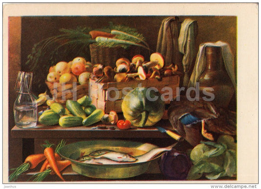 painting by I. Khrutsky - Still Life - fish - carrot - pumpkin - mushrooms - Russian Art - 1961 - Russia USSR - unused - JH Postcards