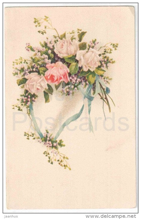 Greeting Card - Pink Roses - flowers - EAS 5064 - old postcard - circulated in Estonia - JH Postcards