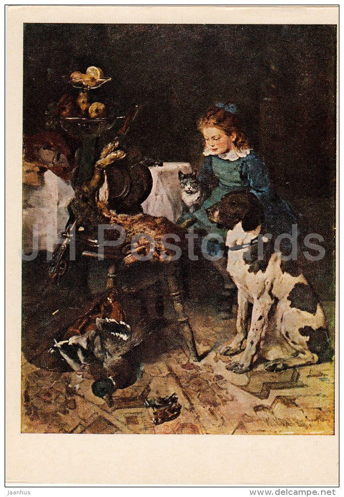 painting by Wilhelm Velten - Friends - dog - cat - girl - duck - Russian art - 1974 - Russia USSR - unused - JH Postcards