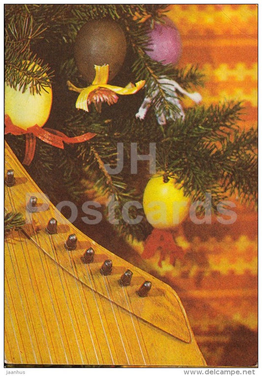 New Year Greeting card - 4 - Estonian zither - decorations - 1985 - Estonia USSR - used - JH Postcards