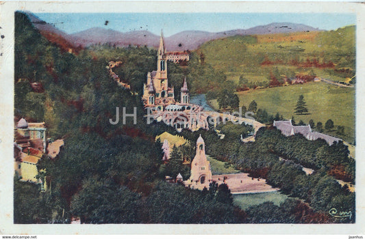 Lourdes - La Basilique Vue du Chateau Fort - cathedral - old postcard - 1947 - France - used - JH Postcards