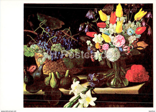 painting by Caravaggio - Stilleben mit Blumen und Fruchten - Fruits - Flowers - Italian art - Germany - unused - JH Postcards