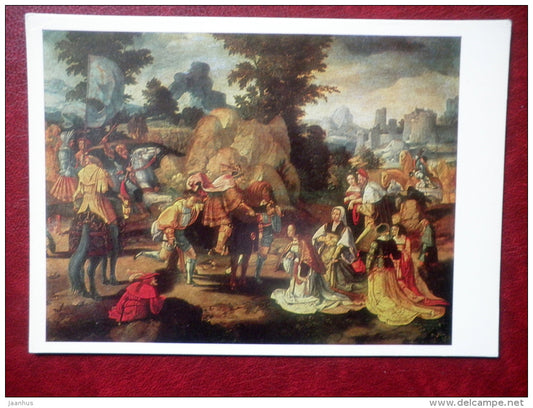 painting by Lucas van Leyden , David and Abigail - horse - dutch art - unused - JH Postcards