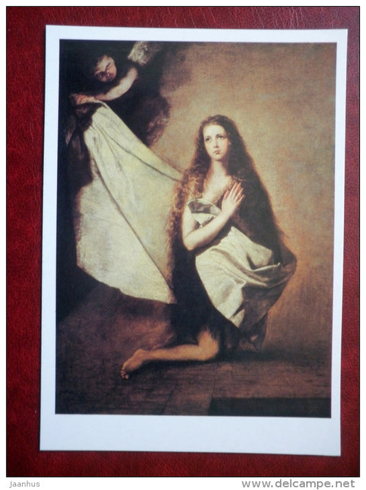 painting by Jusepe de Ribera , St. Agnes in prison, Angel with the cloth dressed , 1641 - spanish art - unused - JH Postcards