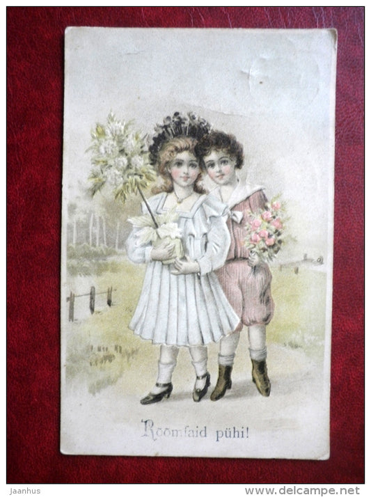 Christmas Greeting Card - boy and girl with flowers - embossed - E - circulated in 1906 - Estonia - Tsarist Russia  used - JH Postcards