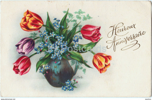 Birthday Greeting Card - Heureux Anniversaire - flowers in a vase - R Hamel illustration - old postcard - France - used - JH Postcards