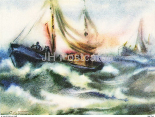 painting by E. Cesnieka - Fishing Boat - Latvian art - 1963 - Latvia USSR - unused - JH Postcards
