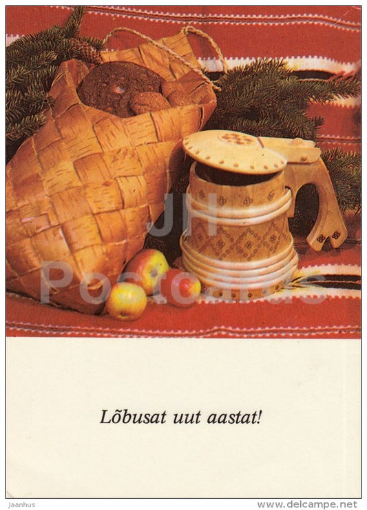New Year Greeting card - 2 - Birch bark bag - beer mug - apples - 1985 - Estonia USSR - used - JH Postcards