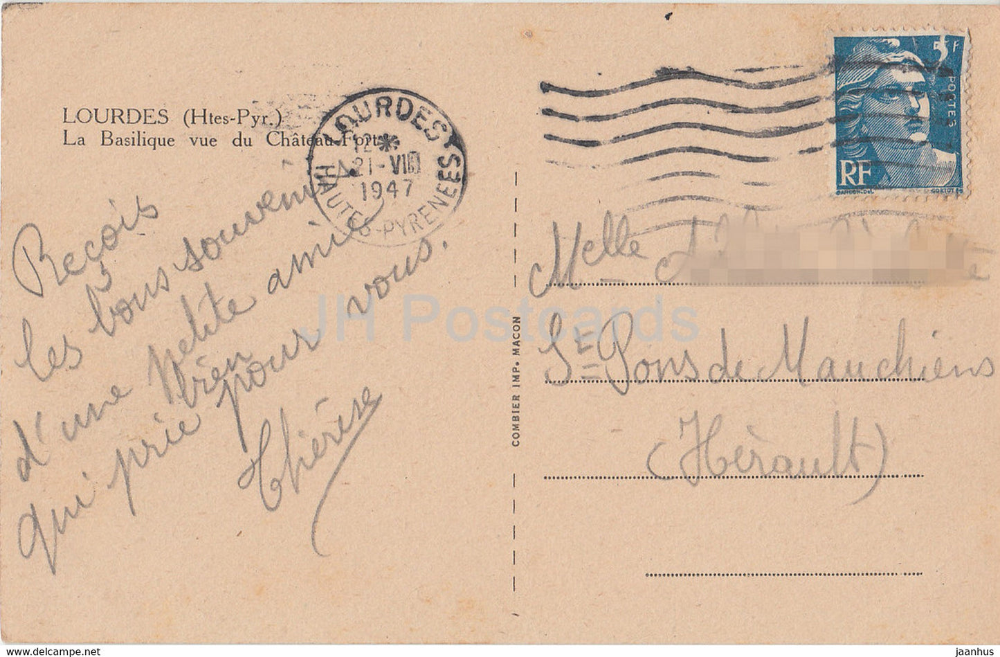 Lourdes - La Basilique Vue du Chateau Fort - cathedral - old postcard - 1947 - France - used