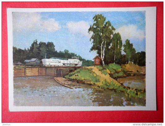 illustration by K. Dzhakov - Old Sluice - ship - Volga & Baltic Waterway - canal - 1966 - Russia USSR - unused - JH Postcards