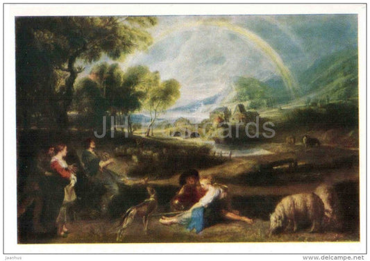 painting by Peter Paul Rubens - Landscape wit Rainbow - dog - sheep - flemish art - unused - JH Postcards