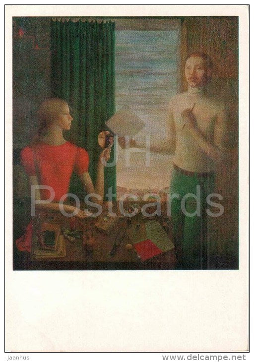 painting by O. Bulgakova - Young Artists , 1975 - man and woman - russian art - unused - JH Postcards