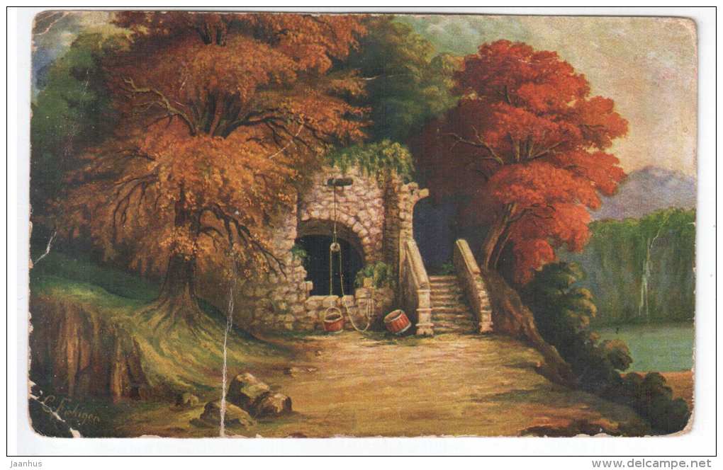 illustration by Fiebiger - well , trees - Amag 283 - old postcard - circulated in Estonia 1925 , Rapla - used - JH Postcards