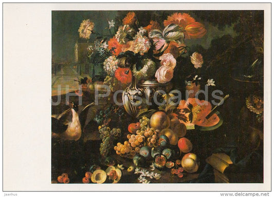 painting by Unknown Artist - Still Life - flowers - vase - grapes - bird - Italian art - Lithuania USSR - 1982 - unused - JH Postcards