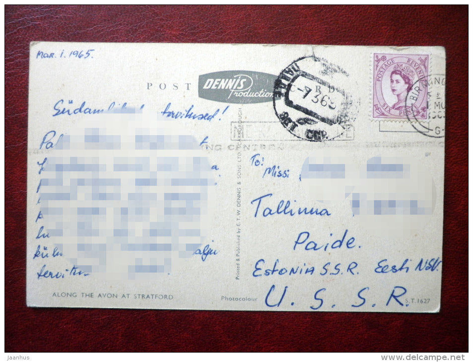 Stratford upon Avon - Along the Avon - bridge - sent to Estonia, USSR 1965 , stamped - England - United Kingdom - used - JH Postcards