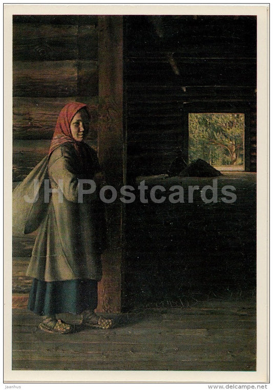 painting by G. Soroka - Threshing-Barn . detail , 1840s - girl - Russian art - 1974 - Russia USSR - unused - JH Postcards