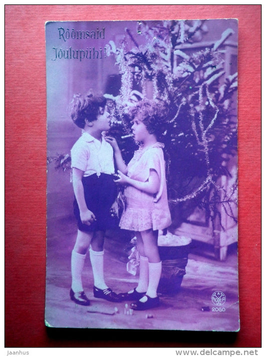 christmas greeting card - children - christmas tree - Noyer 2060 - circulated in Estonia 1930s - JH Postcards