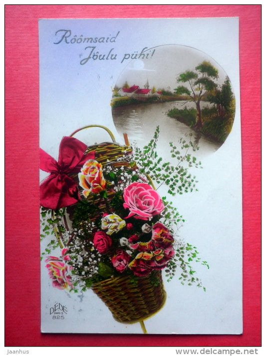 greeting card - flower box - river - house - DEDE Paris 825 - circulated in Estonia Tallinn Võsu 1928 - JH Postcards