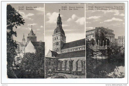 Sandstr. - Der Dom - Stadttheater und Timmbrücke - Riga - Theatre - Latvia - old postcard - circulated in 1930 - used - JH Postcards