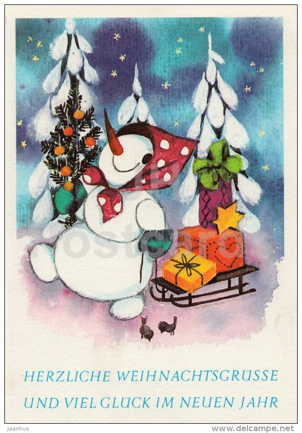 New Year greeting card - snowman - sledge - gifts - christmas tree - illustration - 1980 - Germany - used - JH Postcards