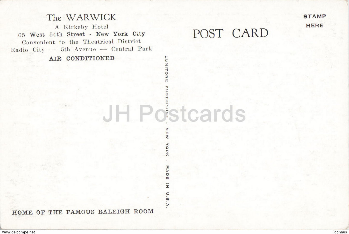 New York City - The Warwick - A Kirkeby Hotel - old postcard - USA - unused