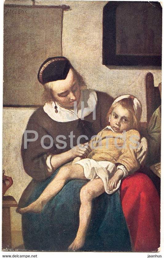 painting by Gabriel Metsu - The Sick Child - Rijksmuseum Amsterdam - Dutch art old postcard - 1930 - Netherlands - used - JH Postcards