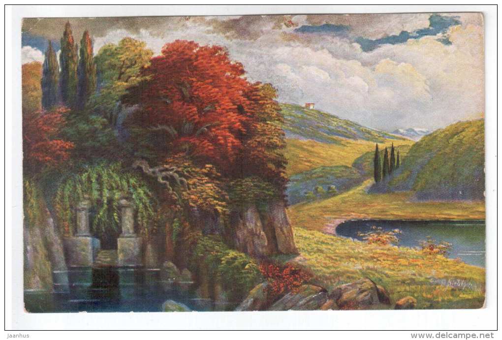 illustration by Fiebiger - grotto , mountains - Amag 1119 - old postcard - unused - JH Postcards