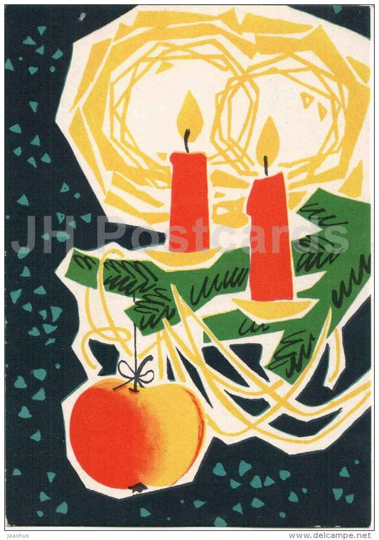 New Year greeting Card by L. Härm - candles - apple - 1963 - Estonia USSR - used - JH Postcards
