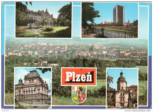 Plzen - town views - architecture - Czechoslovakia - Czech - used 1988 - JH Postcards