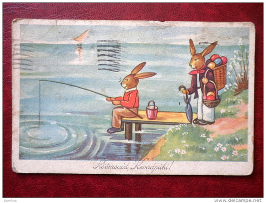 Easter Greeting Card - hare - fishing - eggs - 1709 - circulated in 1939 - Estonia - used - JH Postcards