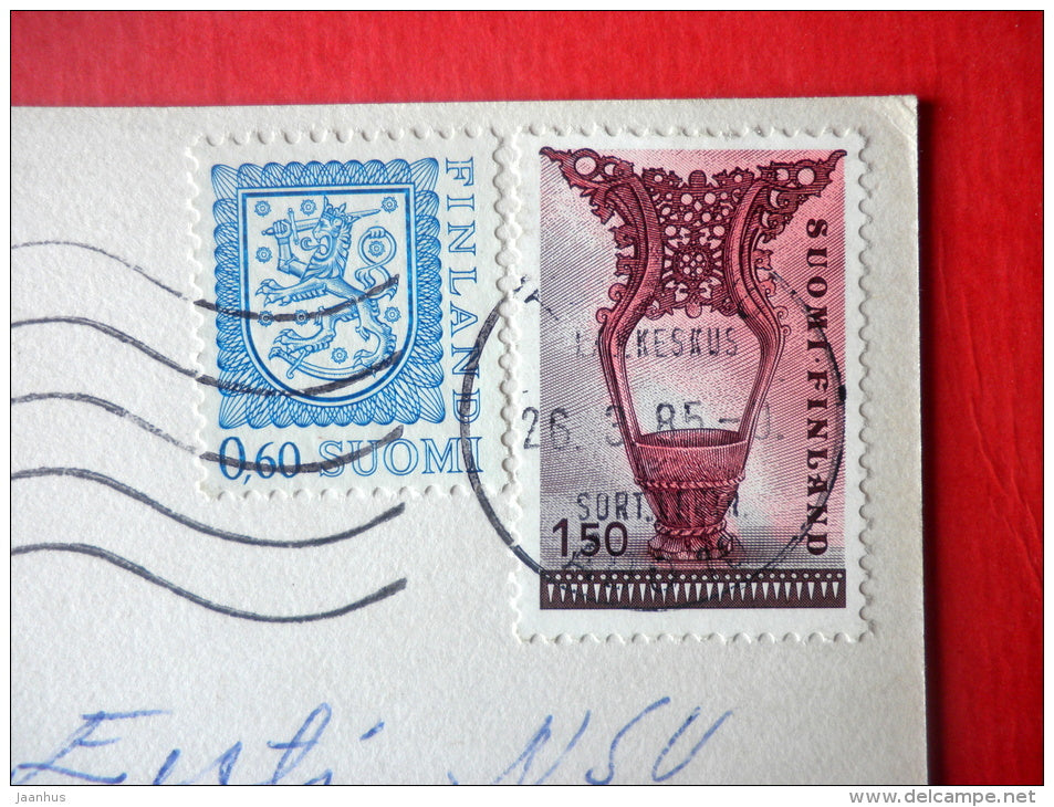 Easter Greeting Card by Leila Myllymäki - chicken - egg - Finland - sent from Finland to Estonia USSR 1985 - JH Postcards