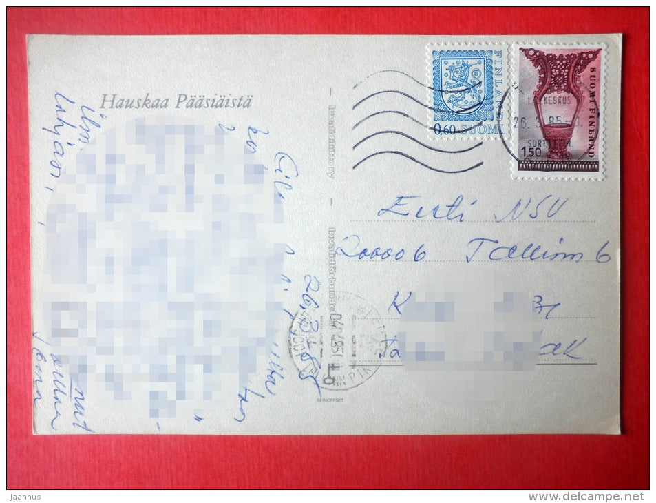 Easter Greeting Card by Leila Myllymäki - chicken - egg - Finland - sent from Finland to Estonia USSR 1985 - JH Postcards