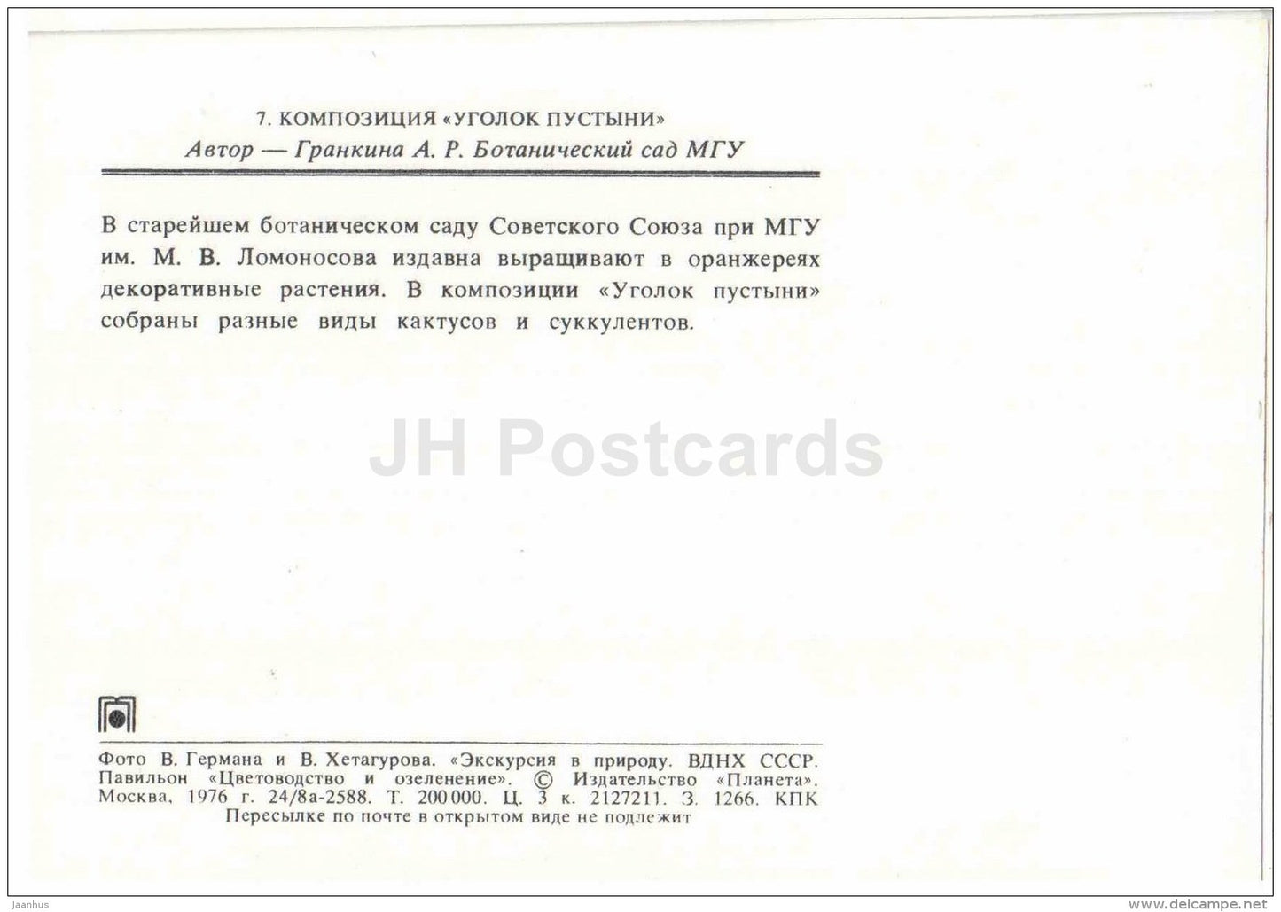 composition Desert Area - flowers - floriculture and gardening pavilion - 1976 - Russia USSR - unused - JH Postcards