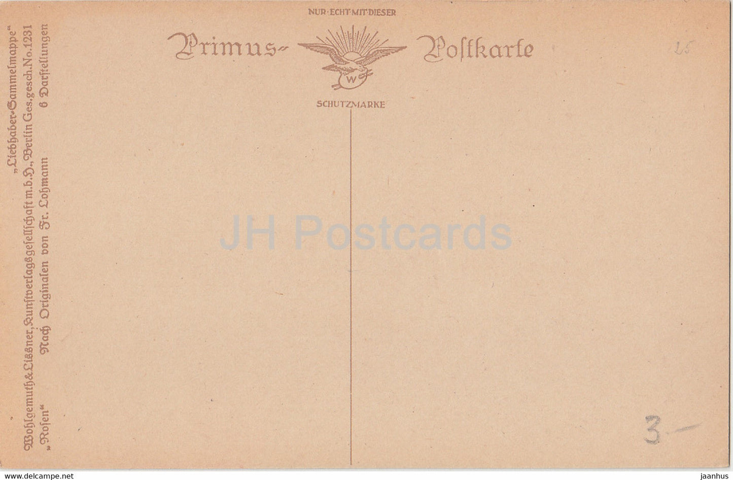 roses - vase- illustration de Lohmann - Primus 1231 - carte postale ancienne - Allemagne - inutilisée