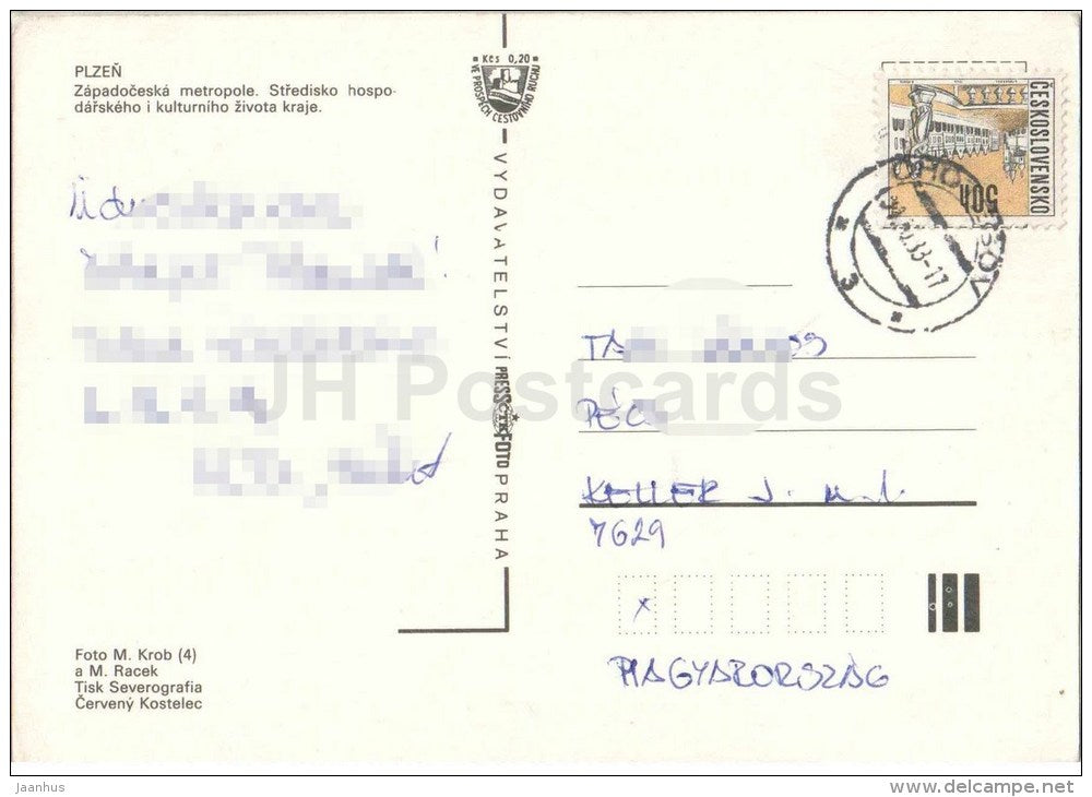 Plzen - town views - architecture - Czechoslovakia - Czech - used 1988 - JH Postcards