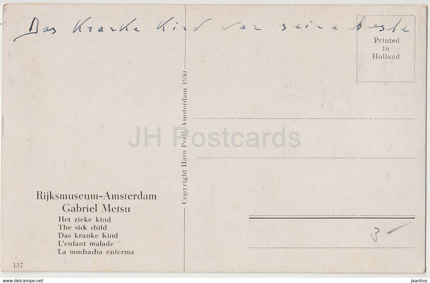 Gemälde von Gabriel Metsu – Das kranke Kind – Rijksmuseum Amsterdam – Niederländische Kunst, alte Postkarte – 1930 – Niederlande – gebraucht