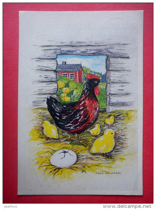Easter Greeting Card by Leila Myllymäki - chicken - egg - Finland - sent from Finland to Estonia USSR 1985 - JH Postcards