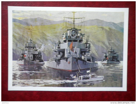 Seizure and disarmament of the Sungarian flotilla - by G. Sotskov - soviet warship - WWII - 1979 - Russia USSR - unused - JH Postcards