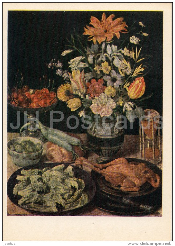 painting by Georg Flegel - Still Life . Flowers and Refreshments - hourglass - Russian art - 1969 - Russia USSR - unused - JH Postcards