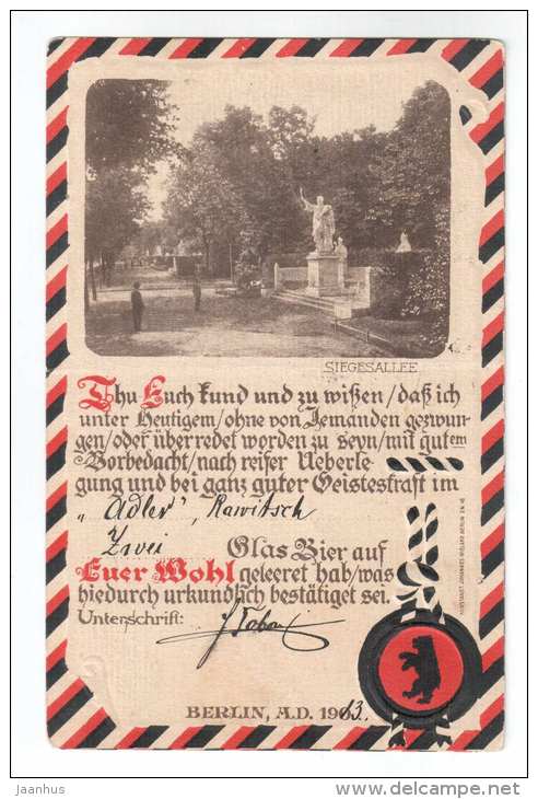 Berlin Siegesallee mit Marmordenkmal Urkunde - certificate - Germany - old postcard - sent from Germany to Estonia- used - JH Postcards